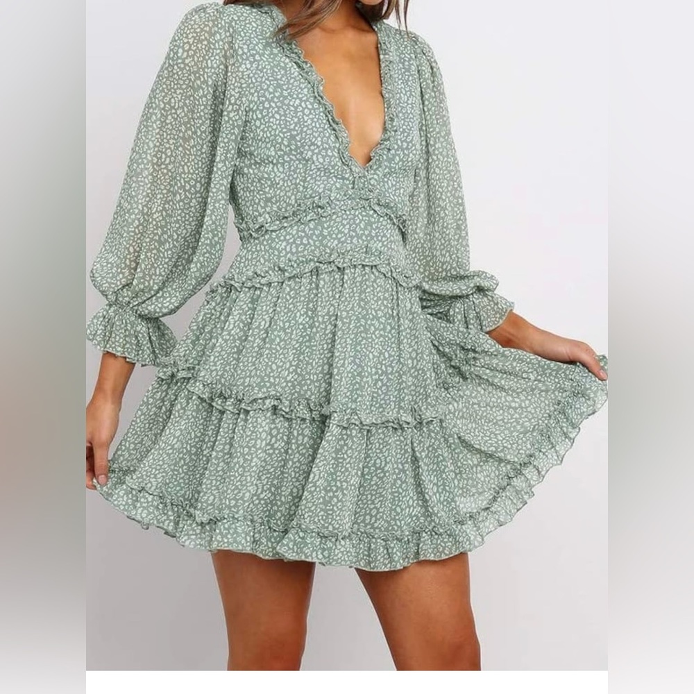 Fall Spring Deep V Neck Ruffle Long Sleeve Floral Print Mini Dress - Picture 8 of 9